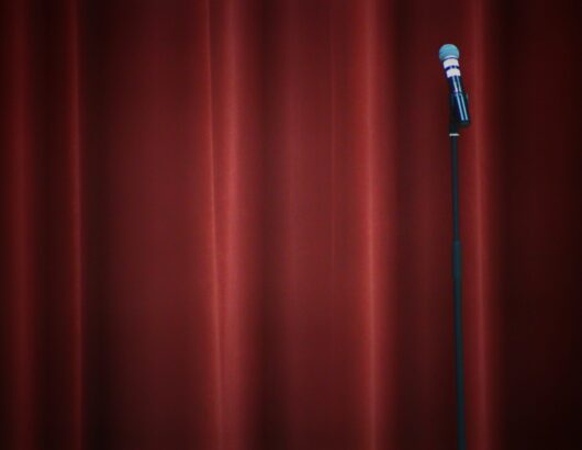 The image of the microphone setup on stage